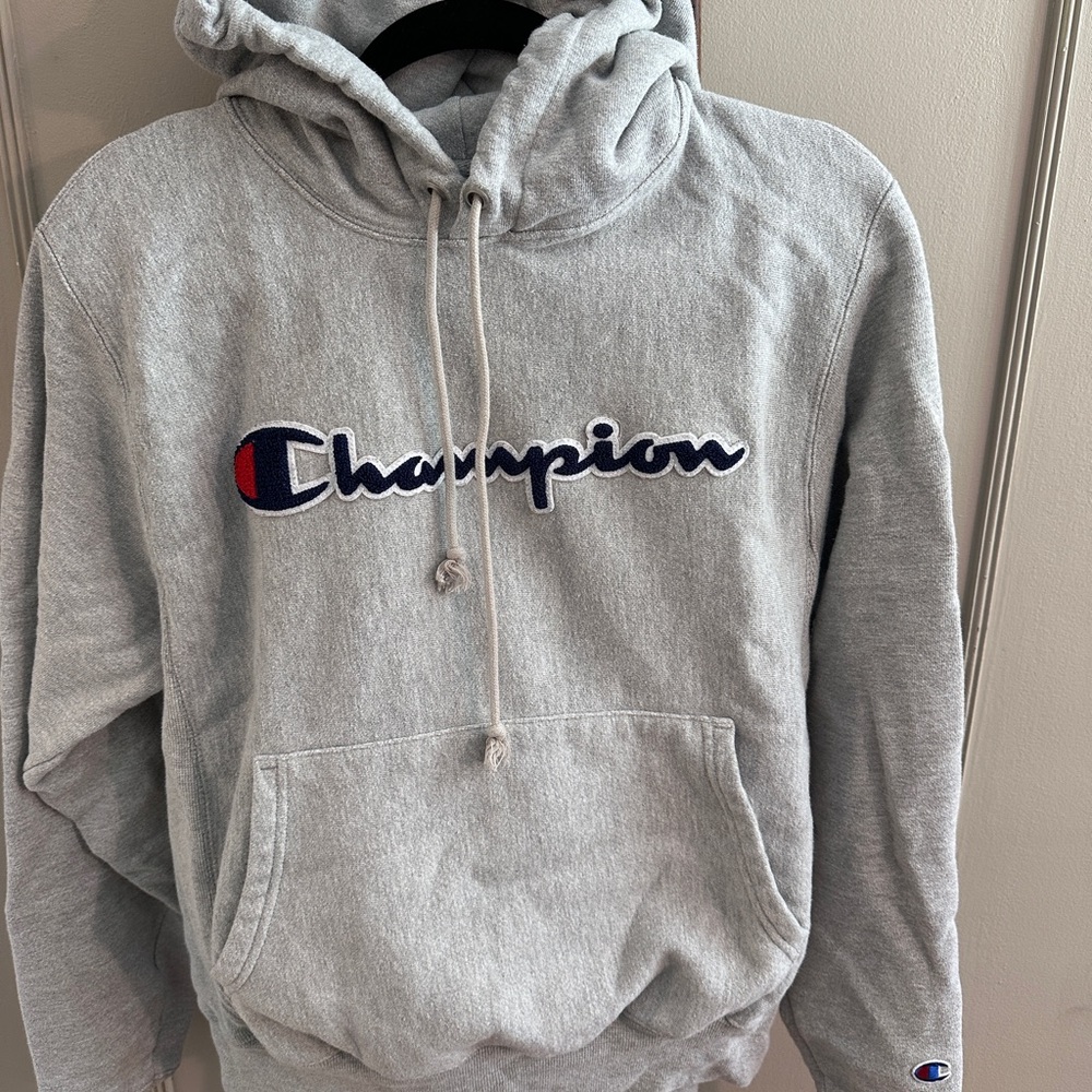 CHAMPION Chenille Embroidered Logo Hoodie Heavyweight Sweatshirt Grey Sz Small